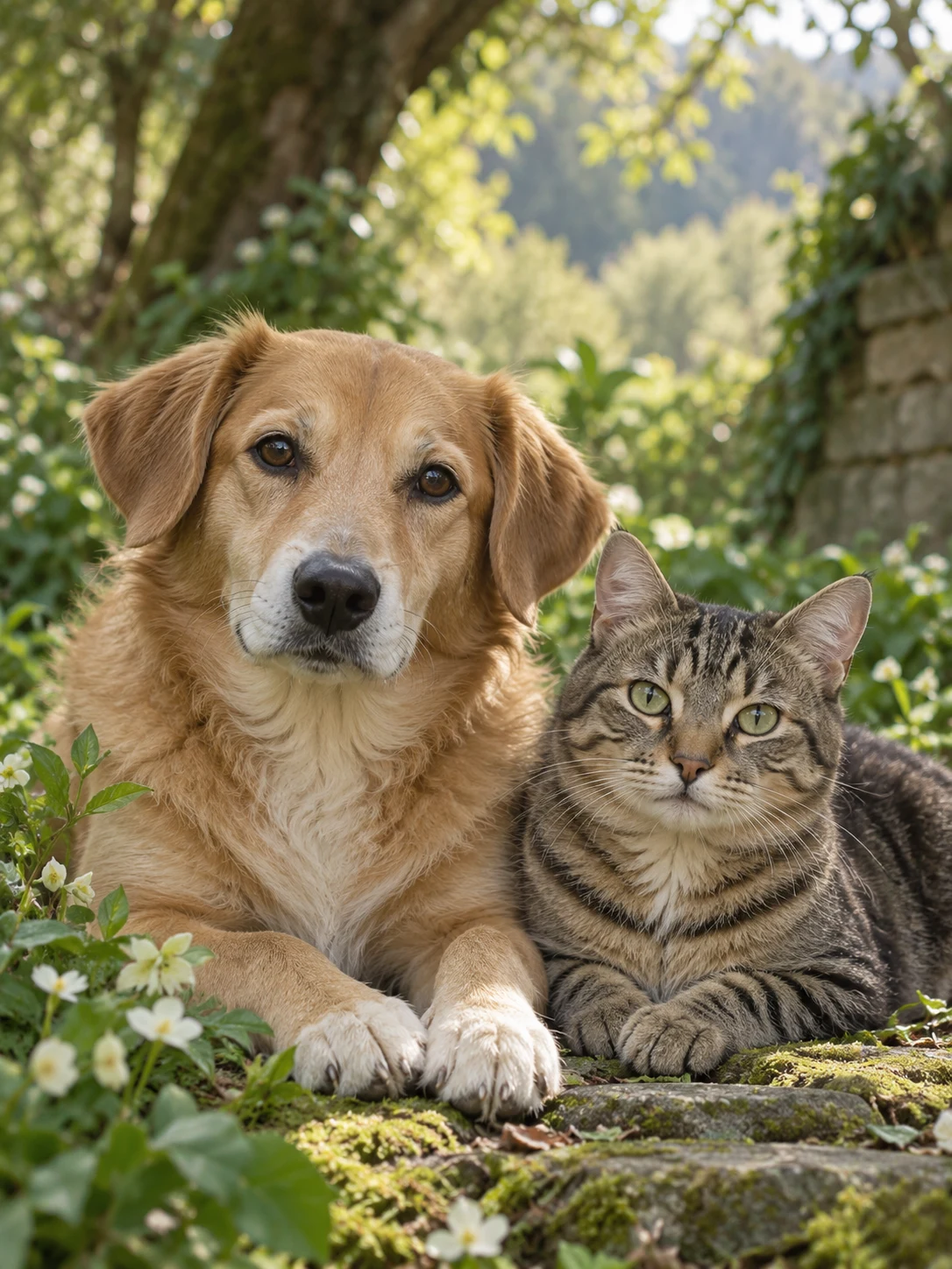 Un chien au pelage doré et un chat tigré, paisiblement installés côte à côte dans un jardin.